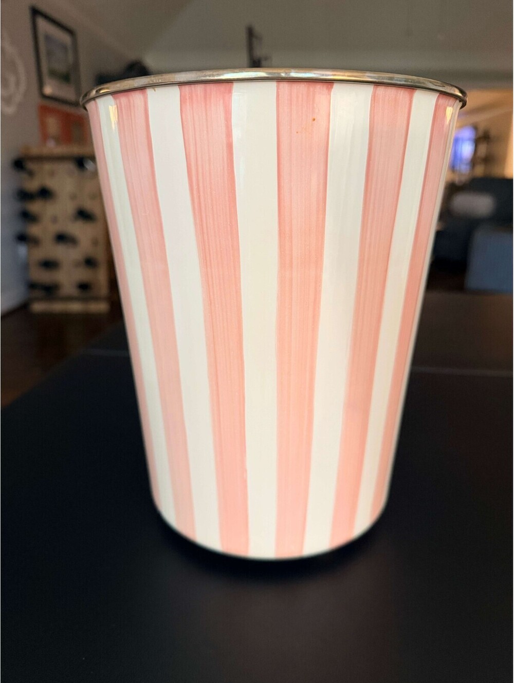 MacKenzie-Childs Bathing Hut Pink Stripe Enamel Wastebasket Trash Can Retired